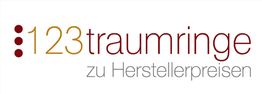 Logo mit Text "123traumringe zu Herstellerpreisen" in Rot und Gold.