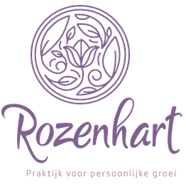 Logo van Rozenhart, met sierlijke paarse bloemen en tekst: "Praktijk voor persoonlijke groei".