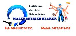 Ein Logo mit Malerbetrieb, Telefonnummern und einer Figur mit mehreren Händen, die Malerwerkzeuge hält.