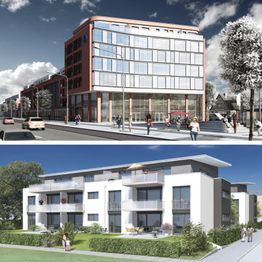 Zwei moderne Gebäude: Oben ein Bürokomplex, unten ein Wohnhaus mit Balkonen und Garten.