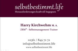 Visitenkarte von Harry Kirchwehm, ZRM®-Trainer, mit Kontaktinformationen und Webseite.