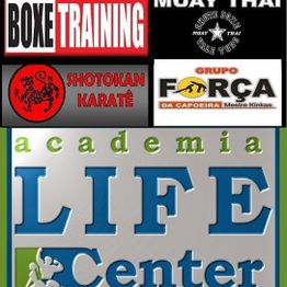 Logos de academia com Boxe, Muay Thai, Karatê, Capoeira e Life Center.