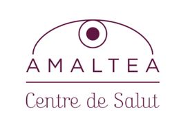 Logo de Amaltea Centre de Salut, con un diseño de líneas curvas y un círculo en la parte superior.
