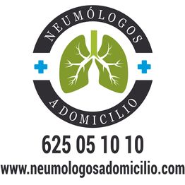 Logotipo de "Neumólogos a Domicilio" con pulmón, cruz azul, número y sitio web.