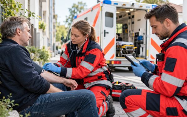 Eine Notfallsanitäterin misst bei einem Patienten den Blutdruck, während ihr Kollege den Rettungsdiensteinsatz auf einem Tablet dokumentiert. Im Hintergrund steht ein Rettungswagen.