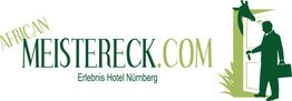 Logo mit Text "African Meistereck.com Erlebnis Hotel Nürnberg" und Silhouette eines Mannes mit Koffer.