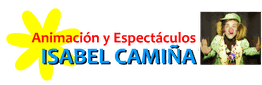Clown sonriente junto a logo "Animación y Espectáculos Isabel Camiña" con flor amarilla.