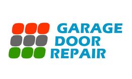 Logo with colored squares and blue text saying "Garage Door Repair."