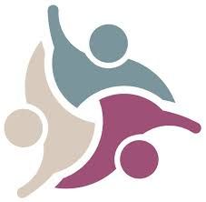 Abstrakte Darstellung von drei stilisierten Figuren in einer kreisförmigen Anordnung.