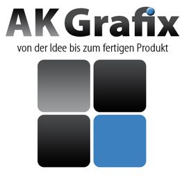 Logo mit Text "AK Grafix", vier Quadrate (drei schwarz, eins blau), Schriftzug: "von der Idee bis zum fertigen Produkt".