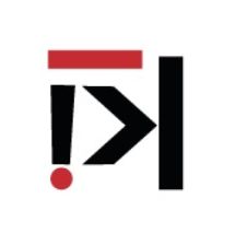 Abstraktes Logo mit roten und schwarzen Formen auf weißem Hintergrund.