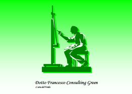 Un artista dipinge su tela; sfondo verde. Testo: "Dotto Francesco Consulting Green".