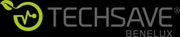 Logo van Techsave Benelux met groene cirkel en blad op zwarte achtergrond.