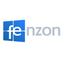 Logo mit blauem Quadrat und Schriftzug "fenzon" in Grau.