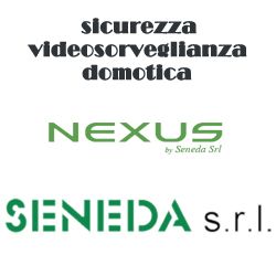Loghi di sicurezza, videosorveglianza, domotica con scritte "NEXUS" e "SENEDA s.r.l.".