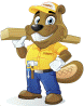 Cartoon beaver in a yellow shirt and blue pants holds a wooden plank on its shoulder.