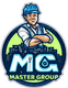 Cartoon builder logo with "MG Master Group," cityscape background, arms crossed.