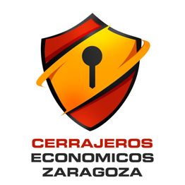 Escudo rojo y dorado con llave, texto: "Cerrajeros Económicos Zaragoza".