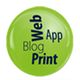 Grüner Kreis mit den Wörtern: Web, App, Blog, Print in dunkelblauer Schrift.