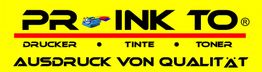 Gelbes Logo mit "Pro Ink To", Drucker, Tinte, Toner und Slogan "Ausdruck von Qualität".