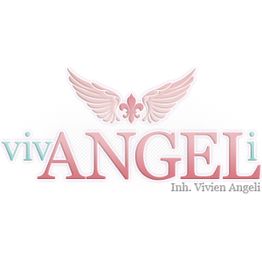 Logo mit rosa Engelsflügeln, Text: "vivANGELi". Betreiber: Vivien Angeli.