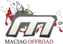 "Buchstabe 'M' mit Farbspritzern, Text: MACIAG OFFROAD in Schwarz und Rot."