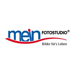 Logo mit Schriftzug "mein Fotostudio - Bilder für's Leben" in Blau und Rot.