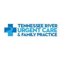 Logo: Tennessee River Urgent Care & Family Practice, blue cross with river design.