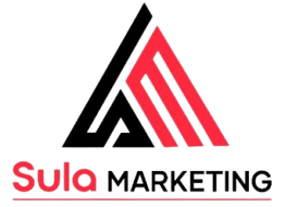Logo von Sula Marketing, schwarzer und roter Text mit abstrakten Linien.