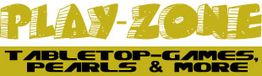 Textlogo: "PLAY-ZONE TABLETOP-GAMES, PEARLS & MORE" gelb-weißer Hintergrund.