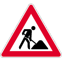 Baustellenschild mit einer Person, die mit einer Schaufel arbeitet. Rotes Dreieck mit weißem Hintergrund.