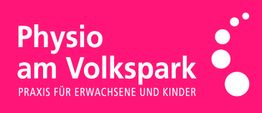 Rosa Logo mit weißem Text: "Physio am Volkspark, Praxis für Erwachsene und Kinder", und weiße Punkte.