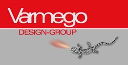 Logo der Varmego Design-Group: Eidechse mit Flammen auf grauem Hintergrund.