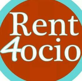 Círculo rojo con texto "Rent4ocio" en letras blancas y borde azul.