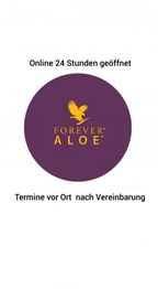 Lila Kreis mit "Forever Aloe" Logo, oben "Online 24 Stunden geöffnet", unten "Termine nach Vereinbarung".