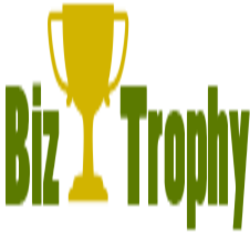 Golden trophy logo with "Biz Trophy" text in green.