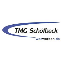 Logo mit Schriftzug „TMG Schöfbeck“ und „waswerben.de“ in blau und schwarz.