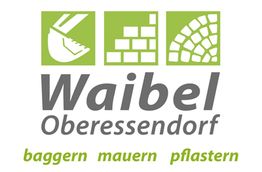 Logo von Waibel Obersessendorf: Symbole für baggern, mauern, pflastern in grün und grau.