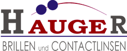 Logo mit der Aufschrift "Hauger Brillen und Contactlinsen" und einer Brille über dem "A".