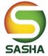Logo with a stylized letter "S" in a green and orange gradient circle, with "SASHA" below.