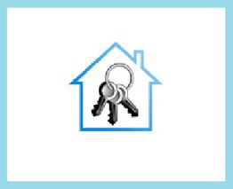 Dibujo de una casa con un llavero y llaves en el centro. Fondo blanco.