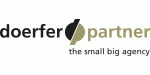 Logo mit Text: "doerfer/partner – the small big agency", simple Gestaltung auf weißem Hintergrund.