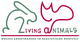Logo met een groene haas, roze hert en tekst "Living Animals, online groothandel in knuffels".
