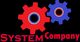Zwei ineinandergreifende Zahnräder, ein rotes und ein blaues. Text: "SYSTEM Company".
