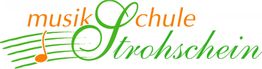 Logo der Musikschule Strohschein mit Notenschlüssel und orange-grüner Schrift.