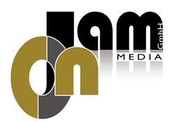 Logo mit verschlungenen Buchstaben "dgm" und "MEDIA GmbH" in Braun, Grau und Schwarz.