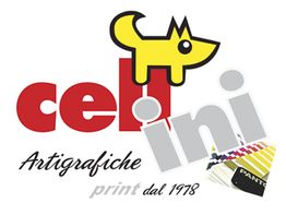 Logo con testo "celini" e un cane giallo sopra. Scritta "Artigrafiche print dal 1978".