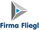Logo mit grauem Dreieck, blauem Pfeil und dem Text "Firma Fliegl" darunter.