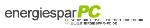 Logo mit Text "energiesparPC", "PC" in grüner Schrift.