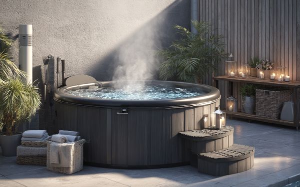 Moderner Hot Tub im Garten beheizt von einem Holzofen. Dampf steigt aus dem Wasser. Zubehör wie Filter, Poolabdeckung und Handtücher liegen neben dem Pool.